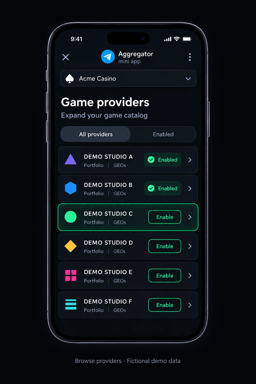 Browse providers in the Telegram Mini App: fictional Demo Studios A–F, Portfolio and GEOs links, and Enable buttons. Concept preview.